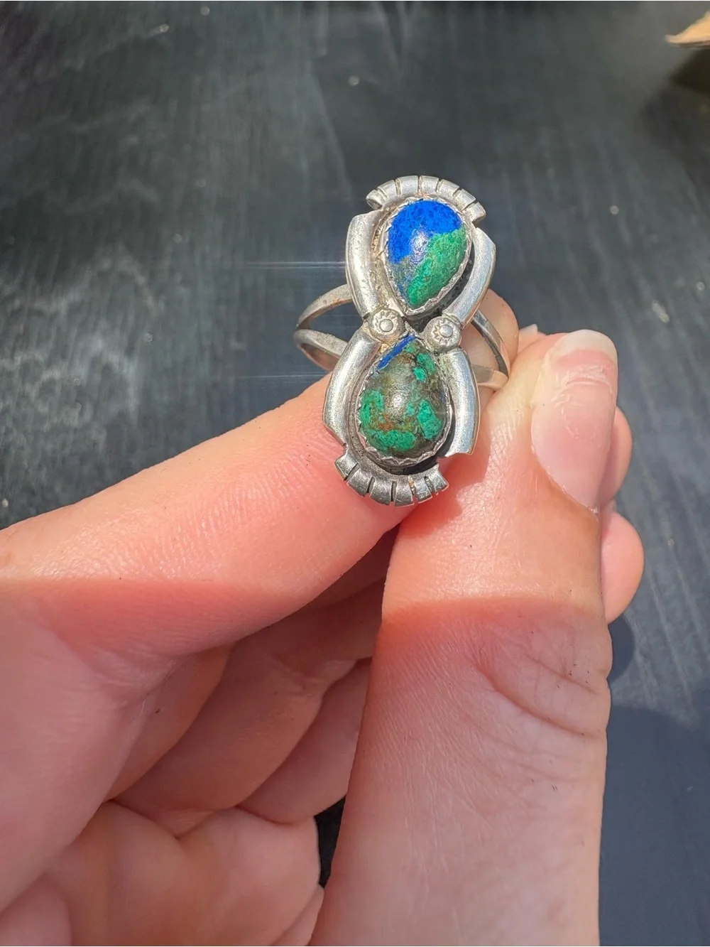 Vintage Native American Inspired Ring with Blue Green Stones - Size 6.75